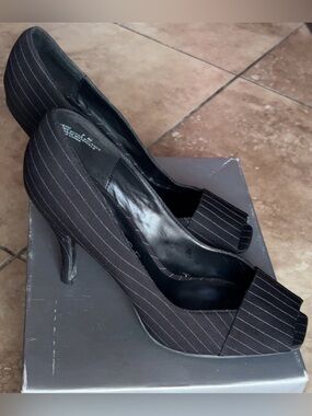Rampage | Black Pinstripe Peep-Toe Heels Sandals Shoes Women’s